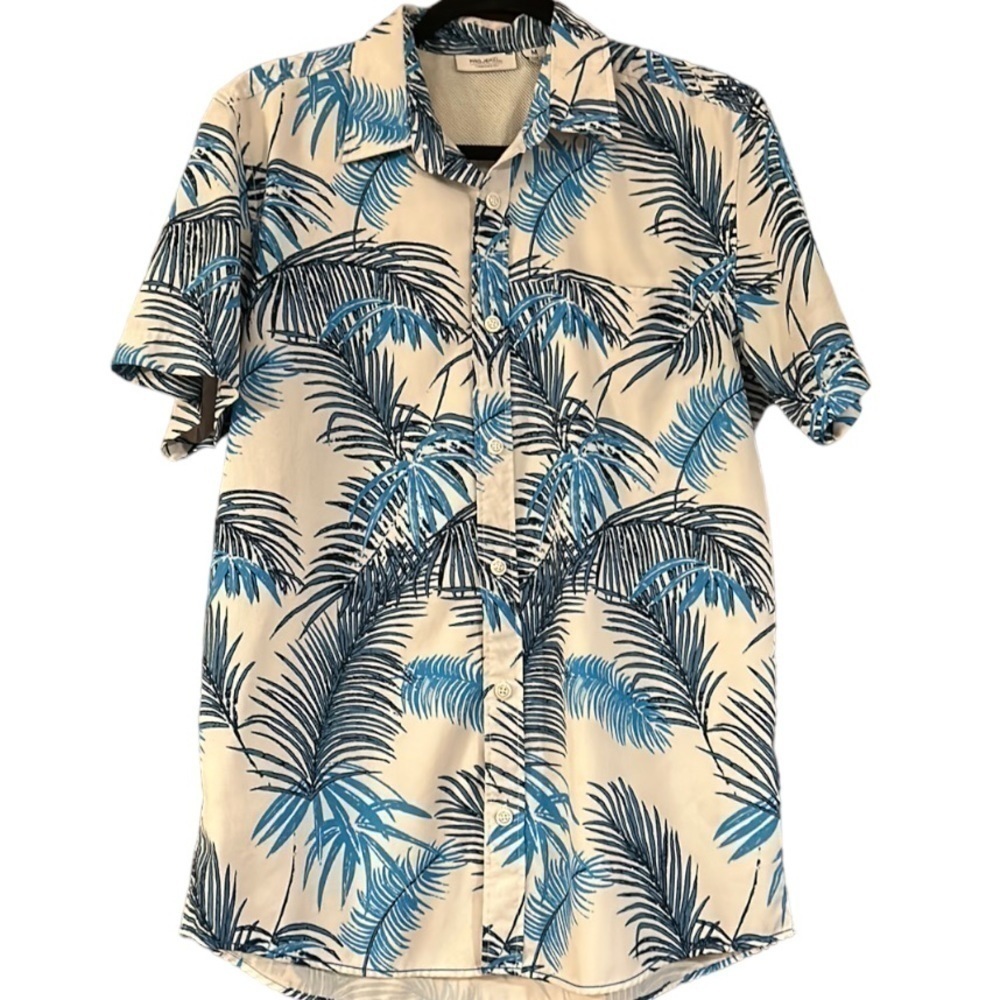 Men's Casual Short Sleeve Button-Down Shirt - Blue Palm Print